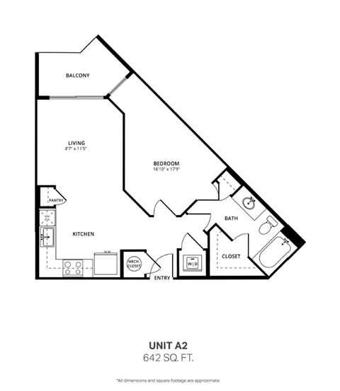 Floor plan for 1 bed, 1 bath, 642 sqft